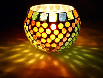 Lal Haveli Decorative Night Lamp Mosaic Glass Candle Holder (Multicolor, Pack Of 1)