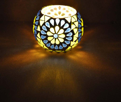 Lal Haveli Colorful Home Decor Mosaic Work Votive Glass Candle Holder (Multicolor, Pack Of 1)