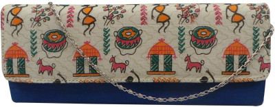 Bhamini Rawsilk Tribal Print Women Casual Blue Silk Clutch