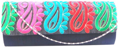 Bhamini Raw Silk with Multicolour Embroidered Paisleys Women Party Blue Silk Clutch Bhamini Raw Silk with Multicolour Embroidered Paisleys Women Party Blue Silk Clutch