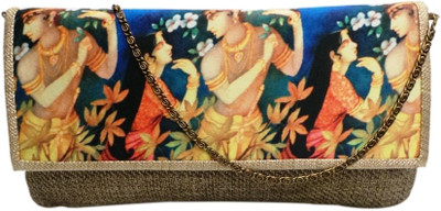 Bhamini Jute with Digital Print on Flap with Gold Brocade Border Women Party Gold Jute Clutch