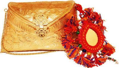 10% OFF on Ruhmet Embossed Gold with Red Mirror Work Tassel Women Casual, Party, Wedding Gold Metal Clutch