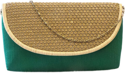 Bhamini Raw Silk with Sequinned Oval Flap Women Party Green Silk Clutch Bhamini Raw Silk with Sequinned Oval Flap Women Party Green Silk Clutch