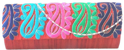 Bhamini Raw Silk with Multicolour Embroidered Paisleys Women Party Multicolor Silk Clutch Bhamini Raw Silk with Multicolour Embroidered Paisleys Women Party Multicolor Silk Clutch