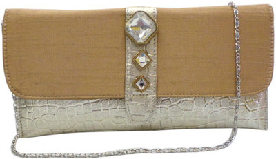 Bhamini Mosaic Pattern with 3 Stone Brooch Women Party Gold Synthetic Leather Clutch