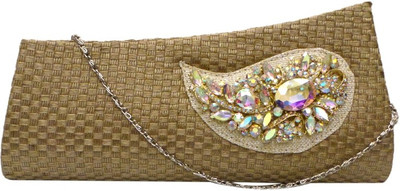 Bhamini Chequered Jute With Rainbow Hued Brooch Women Party Gold Jute Clutch