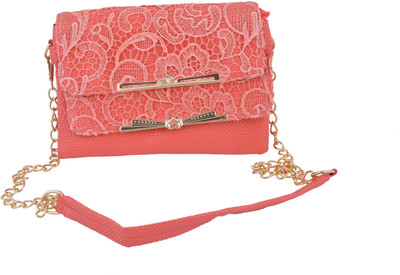 50% OFF on Hexagon Peach Colour With Golden Chain Women Party Orange Rexine Clutch