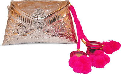 10% OFF on Ruhmet Embossed Silver with Pink Mirror Detail Tassels Women Casual, Party, Wedding Silver Metal Clutch