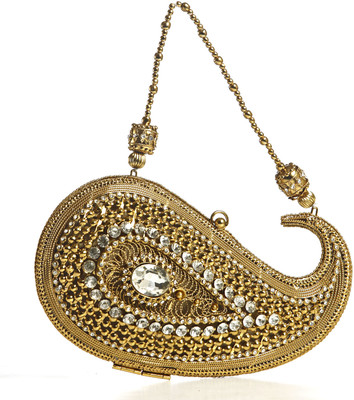 44% OFF on Aapno Rajasthan Paisley Design Rhinestone and Sequined Minaudiere Clutch Women Casual Gold Metal, Fabric Clutch