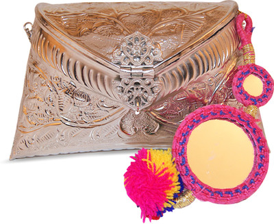 10% OFF on Ruhmet Embossed Silver with Pink Mirror Work Tassel Women Casual, Party, Wedding Silver Metal Clutch