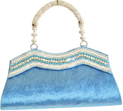 Women Trendz Velvet Traditional With Pearls & Diamonds Women Wedding Blue Velvet Clutch