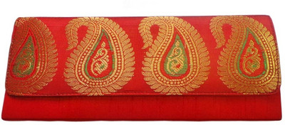Bhamini Raw Silk Gold Zari Women Party Red Silk Clutch Bhamini Raw Silk Gold Zari Women Party Red Silk Clutch