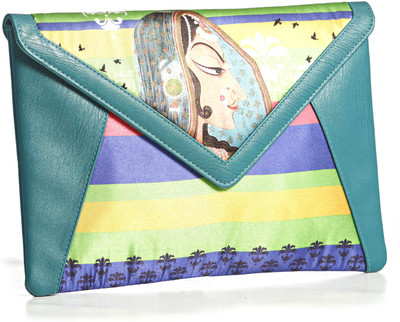 45% OFF on Aapno Rajasthan Teal Blue Faux Leather and Fabric Envelop Clutch Women Casual Blue PU Clutch