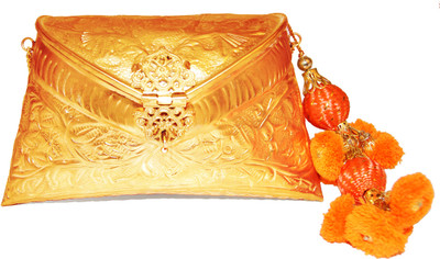 10% OFF on Ruhmet Embossed Gold with Drops Of Orange Tassel Women Casual, Party, Wedding Gold Metal Clutch