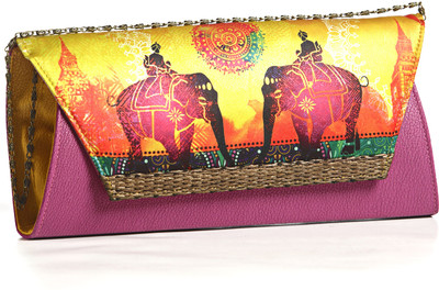 44% OFF on Aapno Rajasthan Royal Elephant procession Digital Print Satin-Wrapped clutch Women Casual Pink, Yellow Fabric Clutch