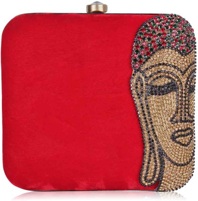 42% OFF on Advika Swaroski Buddha Women Formal, Wedding, Festive Red, Gold Velvet, Brass, Swaroski Clutch