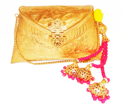 10% OFF on Ruhmet Embossed Gold With Neon Pink Beaded Tassel Women Casual, Party, Wedding Gold Metal Clutch