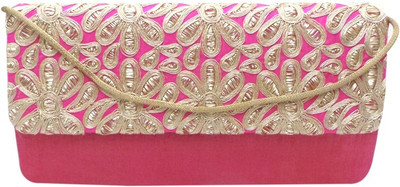 Bhamini Raw Silk Box with Golden Floral Thread Work Women Party Pink Silk Clutch Bhamini Raw Silk Box with Golden Floral Thread Work Women Party Pink Silk Clutch