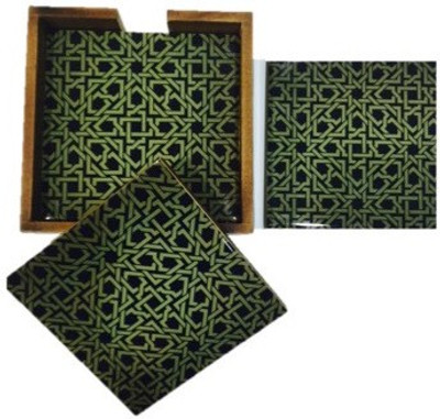 Amraai Black Pattern Acrylic, Wood Coaster Set Black, Green, Pack Of 5
