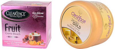 Clear Face Fruit Cream Bleach With 24 Carat Gold Dust Almond Oil Massage Gel (Set Of 2)