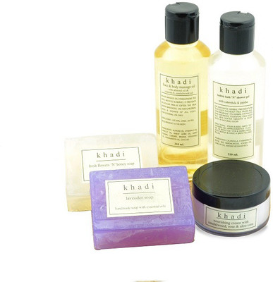 Khadi Herbal Spa Skin Care Kit of Bubble Bath, Massage Oil, Cream & Soaps Set of 5 Khadi Herbal Spa Skin Care Kit of Bubble Bath, Massage Oil, Cream & Soaps Set of 5