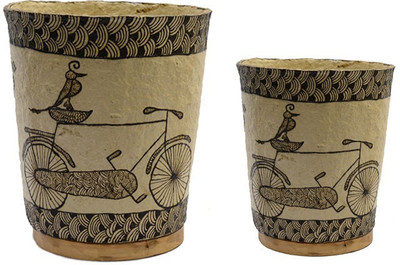 61% OFF on ExclusiveLane Papier Mache Cycle Container With Henna Work Set of 2 - 7500 ml Paper Food Container Pack of 2, Beige