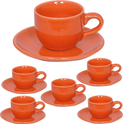 Elite Handicrafts Stoneware_Cups_Saucers_Set EHCC0199 (Orange, Pack Of 12)