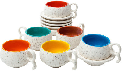 Elite Handicrafts Marble Finish Duotone Tea Cups & Saucers EHCC0170 (White, Multicolor, Pack Of 12)