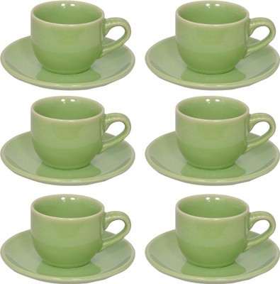 Elite Handicrafts Stoneware_Cups_Saucers_Set EHCC0198 (Green, Pack Of 12)