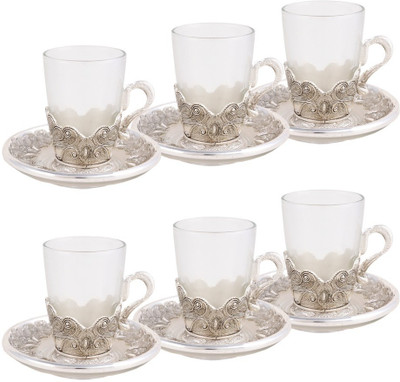 Craftghar Elegant Silver & Glass 6-piece Tea Cup & Saucer Set (Silver, Clear, Pack Of 12)