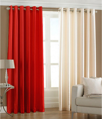 66% OFF on HomeZaara Polyester Red, Beige Solid Eyelet Curtain