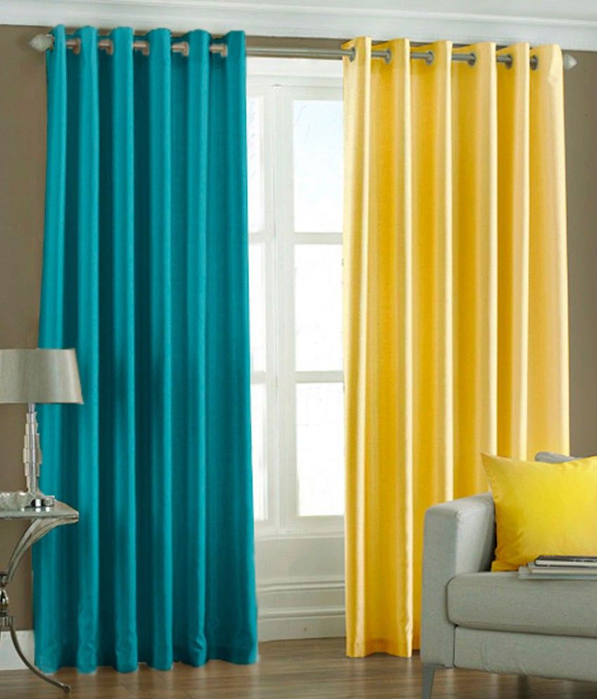 66% OFF on HomeZaara Polyester Light Blue, Yellow Solid Eyelet Curtain