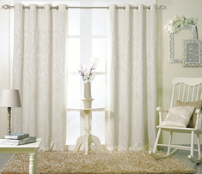 KC HOME Polycotton WHITE Floral Curtain Door Curtain 213 Cm In Height, Single Curtain