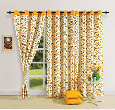 Swayam Cotton Orange, Green Printed Tab Top Curtain
