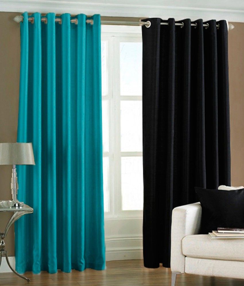 66% OFF on HomeZaara Polyester Light Blue, Black Solid Eyelet Curtain