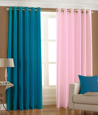 66% OFF on HomeZaara Polyester Light Blue, Pink Solid Eyelet Curtain