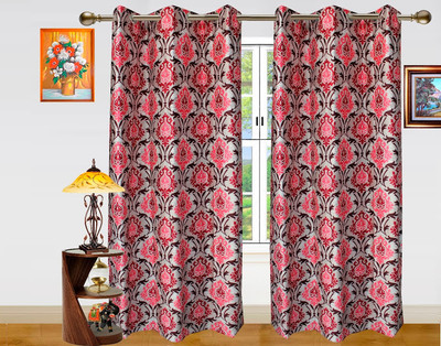 Dekor World Polyester Maroon Damask Eyelet Curtain