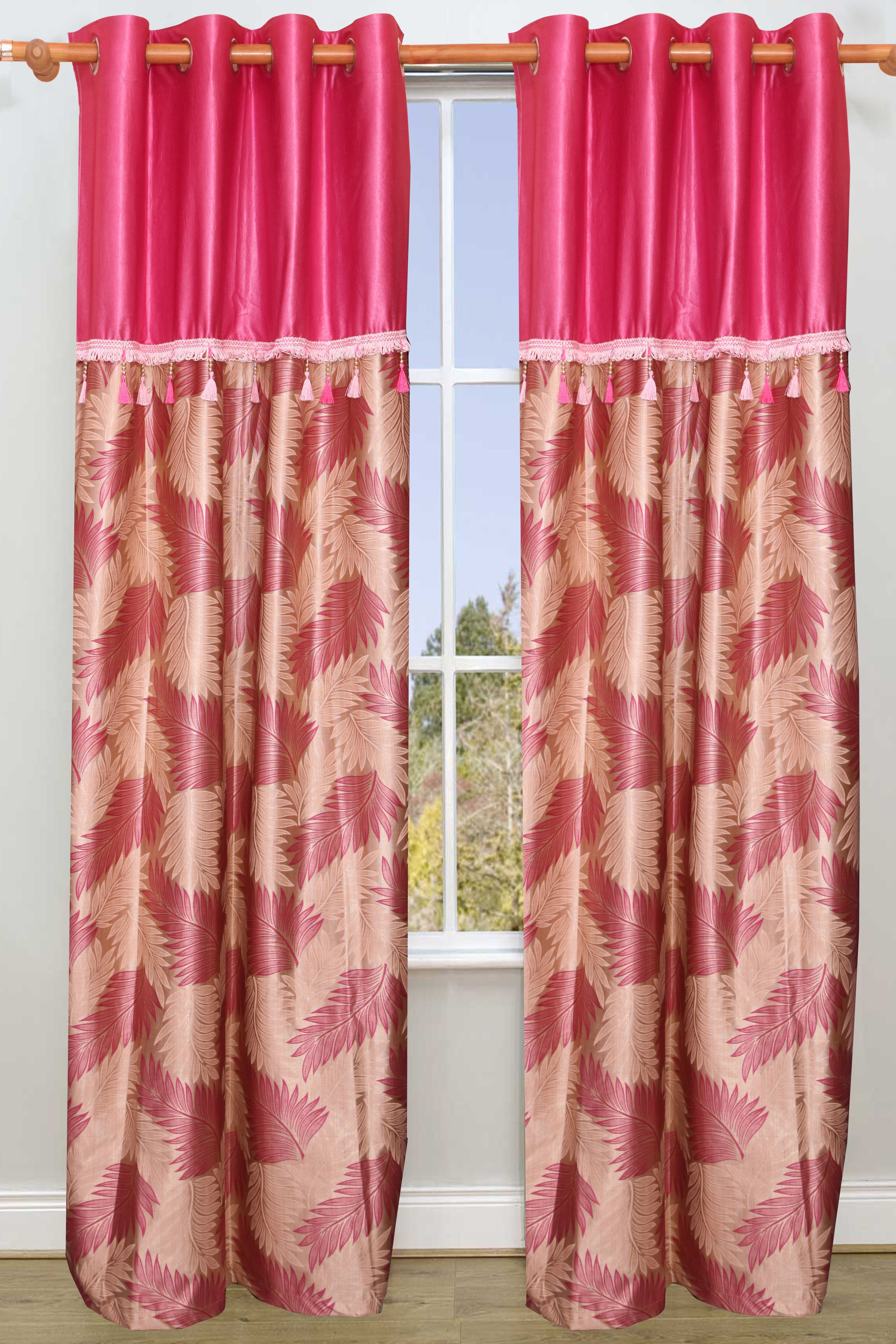 38% OFF on Vrinda Polyester Pink Printed Ring Rod Curtain