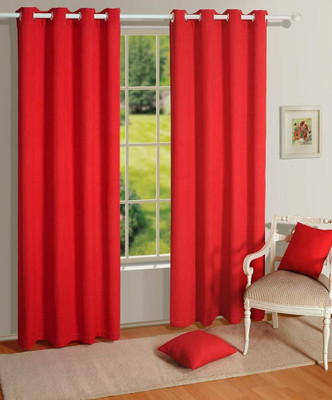 House This Cotton Red Self Design Eyelet Curtain