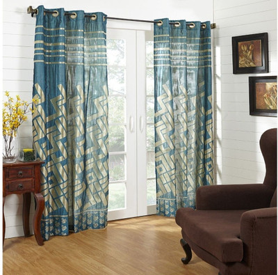 5% OFF on At Home Polycotton Blue Geometric Eyelet Curtain