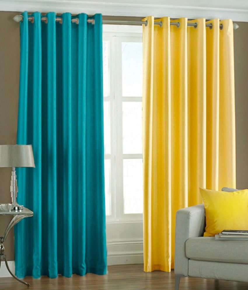 66% OFF on HomeZaara Polyester Light Blue, Yellow Solid Eyelet Curtain