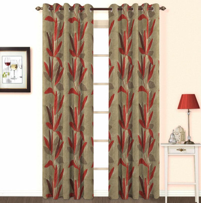 Skipper Polyester, Viscose, Blends Red Floral Eyelet Curtain