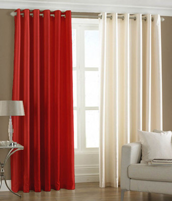 66% OFF on HomeZaara Polyester Red, Beige Solid Eyelet Curtain
