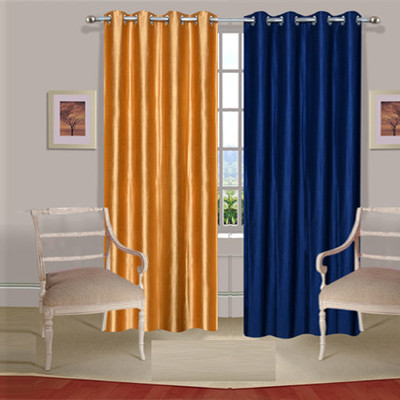 43% OFF on Handloomdaddy Polyester Gold, Dark Blue Geometric Eyelet Curtain