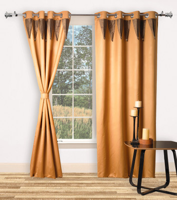 Furniche Polyester Brown Floral Eyelet Curtain
