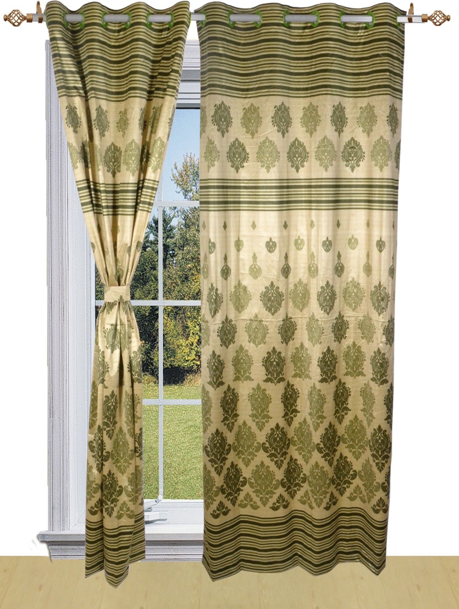 50% OFF on Shandar Polyester Green Damask Ring Rod Curtain