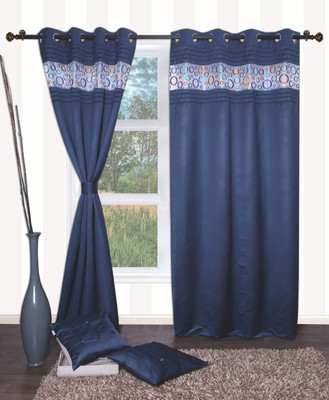 Furniche Polyester Blue Floral Eyelet Curtain
