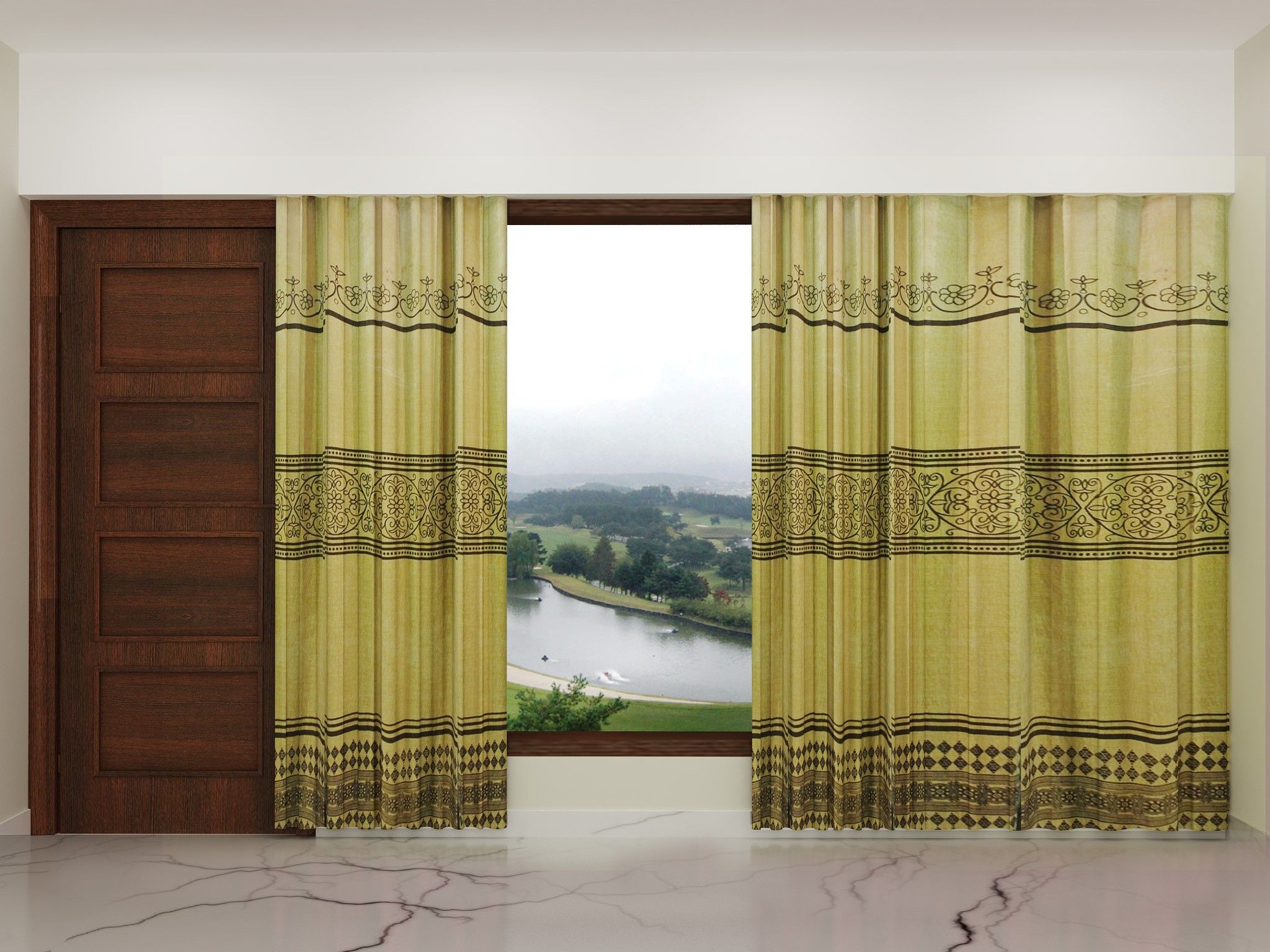 Zeneezedecor Polyester Yellow Embroidered Eyelet Curtain