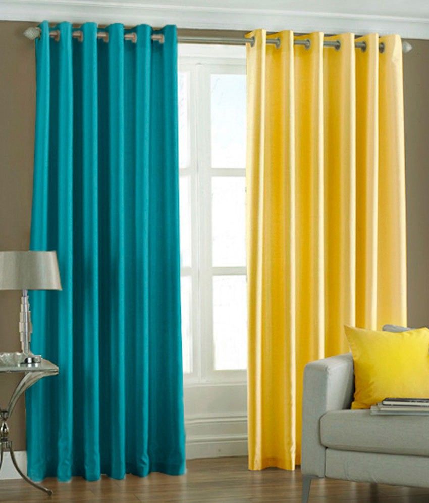 66% OFF on HomeZaara Polyester Light Blue, Yellow Solid Eyelet Curtain