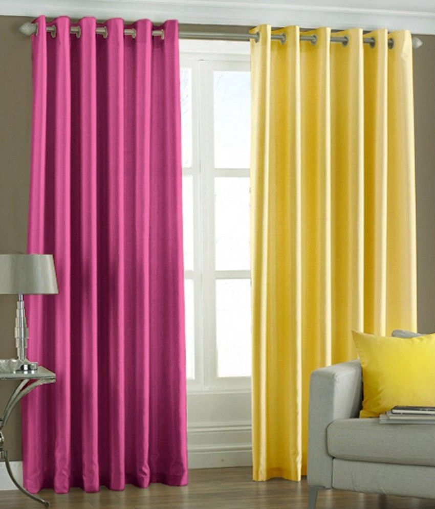 66% OFF on HomeZaara Polyester Pink, Yellow Solid Eyelet Curtain